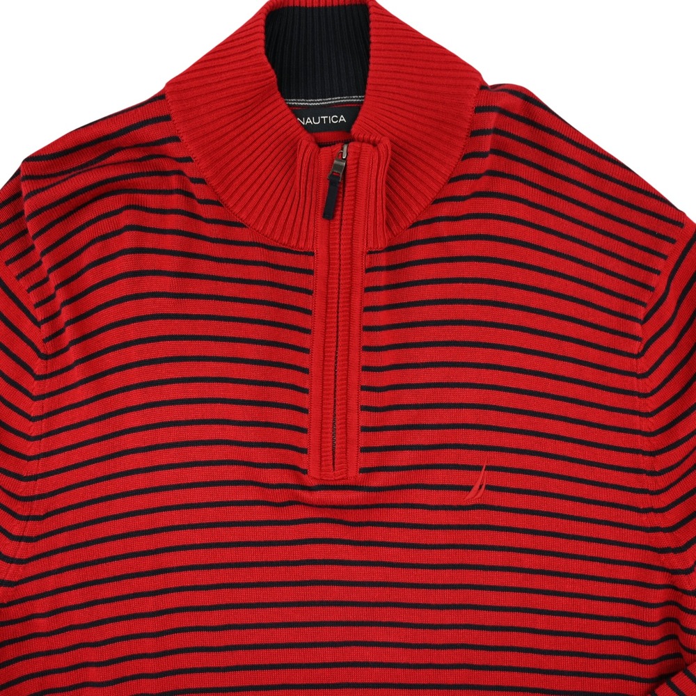 Nautica Men's Red Navy Striped Quarter Zip Pullover Knit Sweater XL Classic